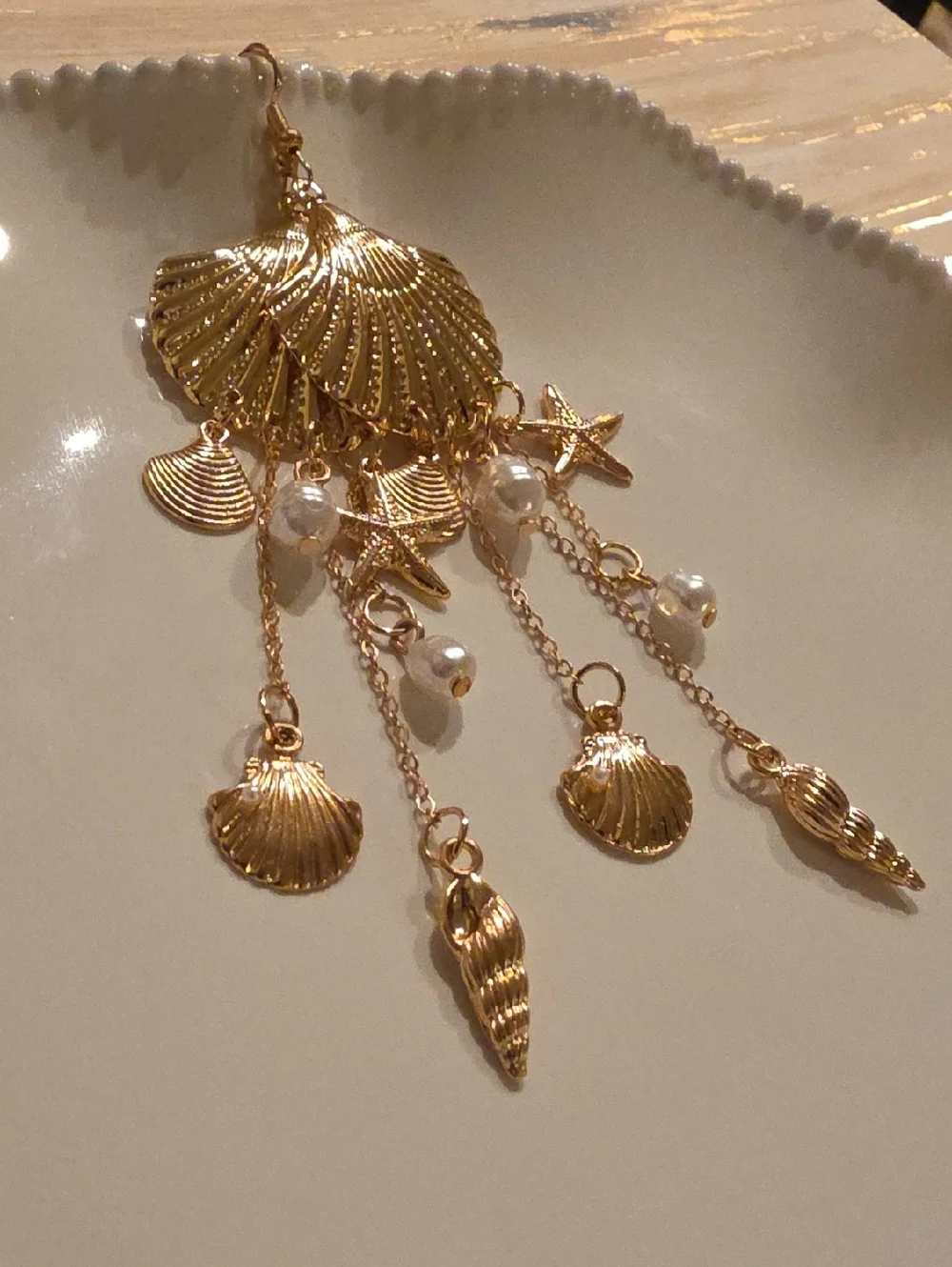 New! Gold Seashell Pearl Earrings Long Dangle Statement • NWOT